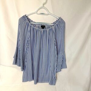 I.N. Studio Top Flutter Top White/Blue Stripe Light Weight Petite Large.